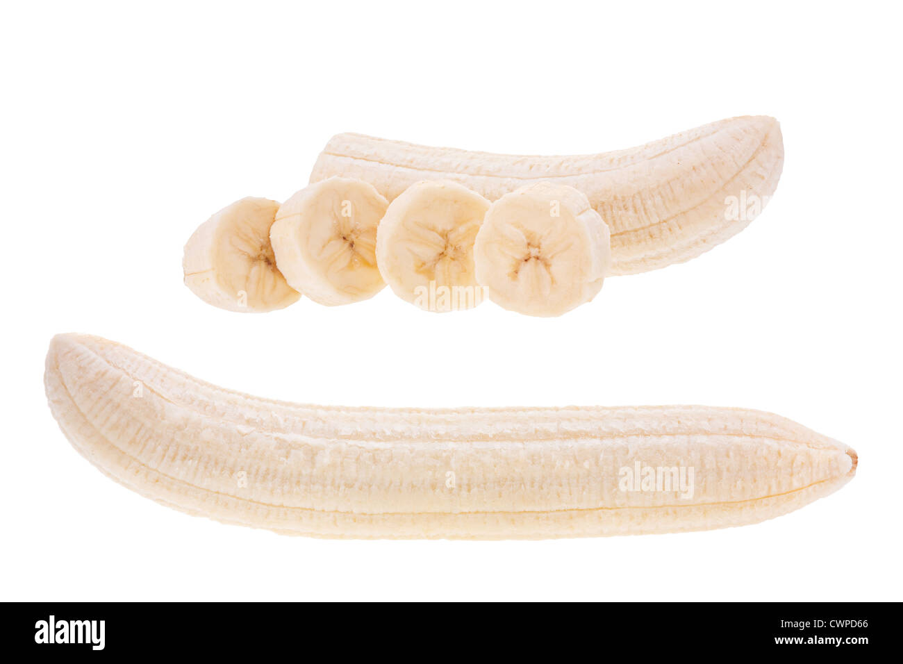 Bananen Früchte öffnen auf weißem Hintergrund Stockfoto