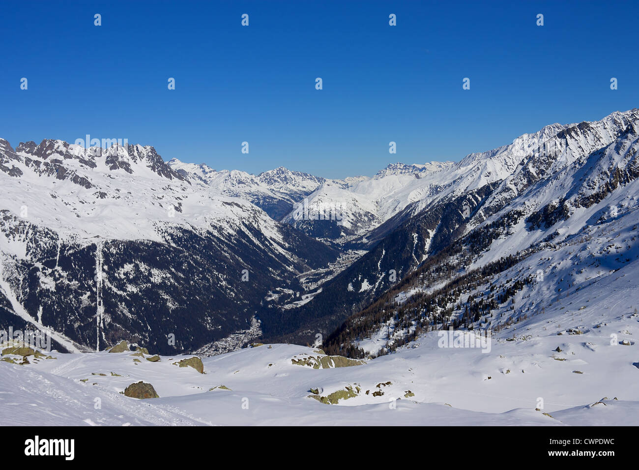 Die Alpen, das Tal von Chamonix, Blick vom Plan de l'Aiguille Stockfoto