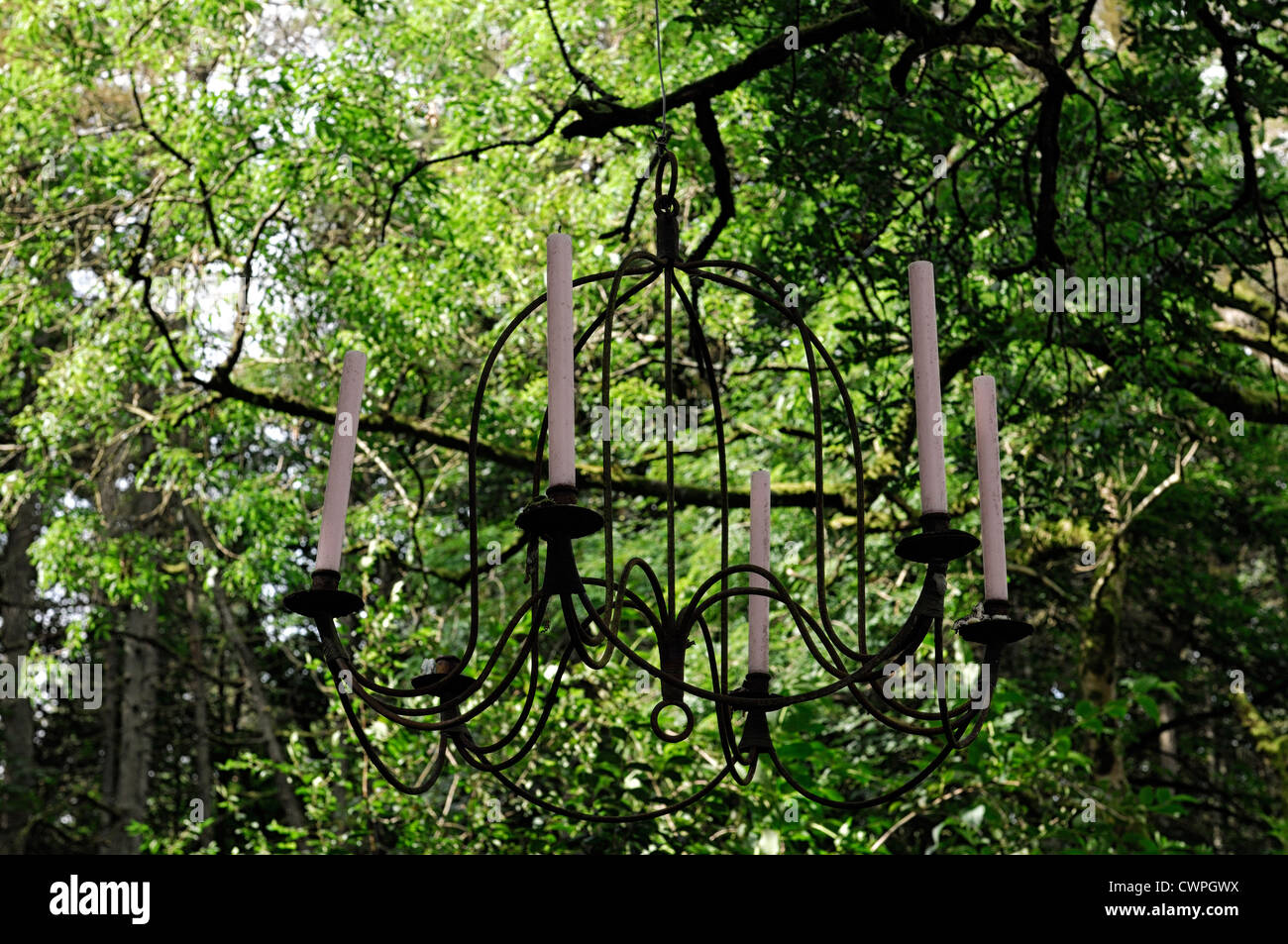 Kronleuchter hängen hängen vom Baum im freien Kerzen Kerzenleuchter im freien außerhalb Gartengestaltung Huntingbrook Gärten Wicklow Jagd Stockfoto