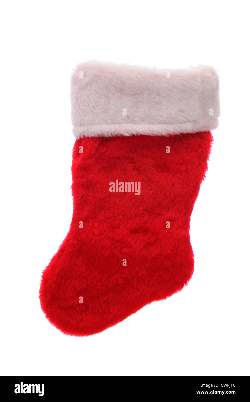 Nahaufnahme von einem roten Weihnachts-Strumpf über einen weißen Hintergrund Stockfoto