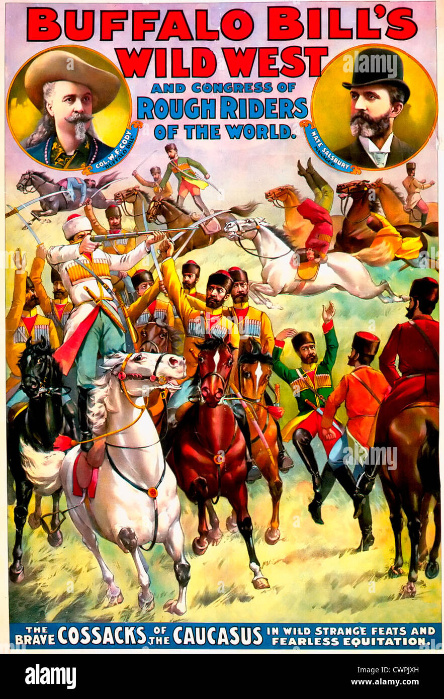 Buffalo Bills Wildwest und Kongress von rough Riders der Welt - "Kosaken" durchführen auf dem Pferderücken und Kopf-Schulter-Porträts von Buffalo Bill und Nate Salsbury, 1899 Stockfoto