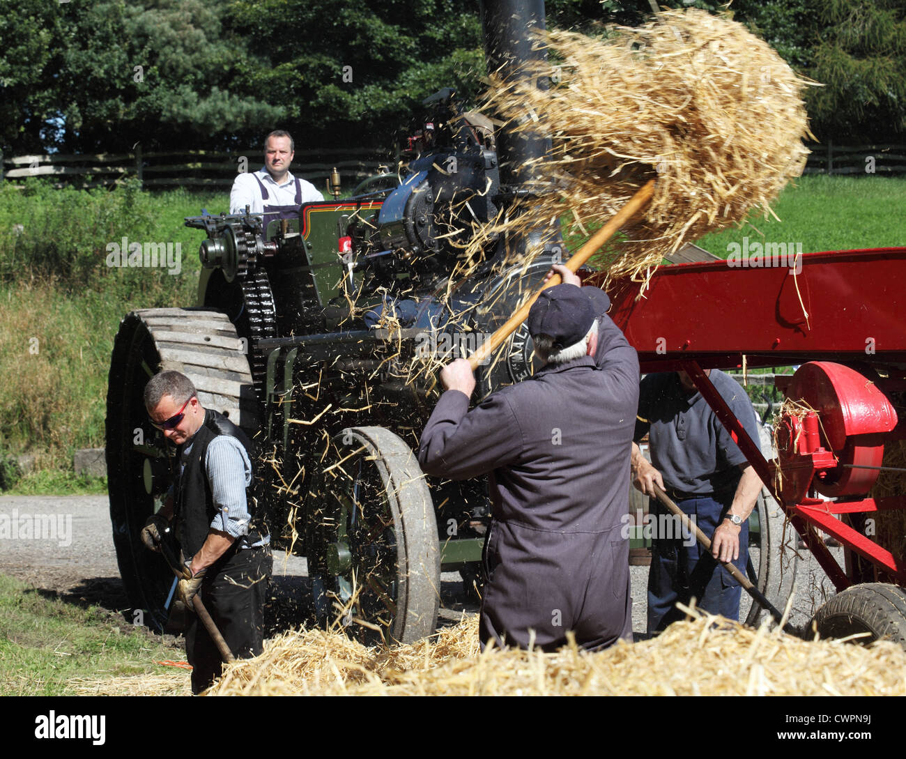 Männer laden Heu in Dampf angetriebene Pressen Maschine Beamish Museum, Nord-Ost-England, UK Stockfoto