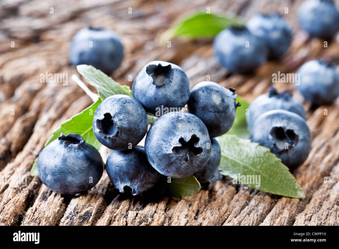 Heidelbeeren mit Blättern auf einem alten Holztisch. Stockfoto