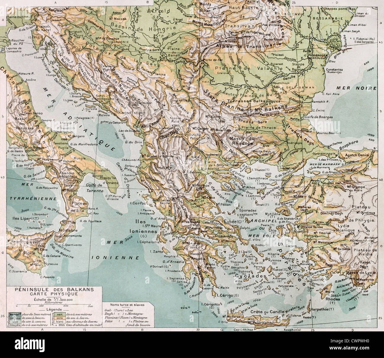 Alten Balcan Halbinsel physische Karte Stockfoto