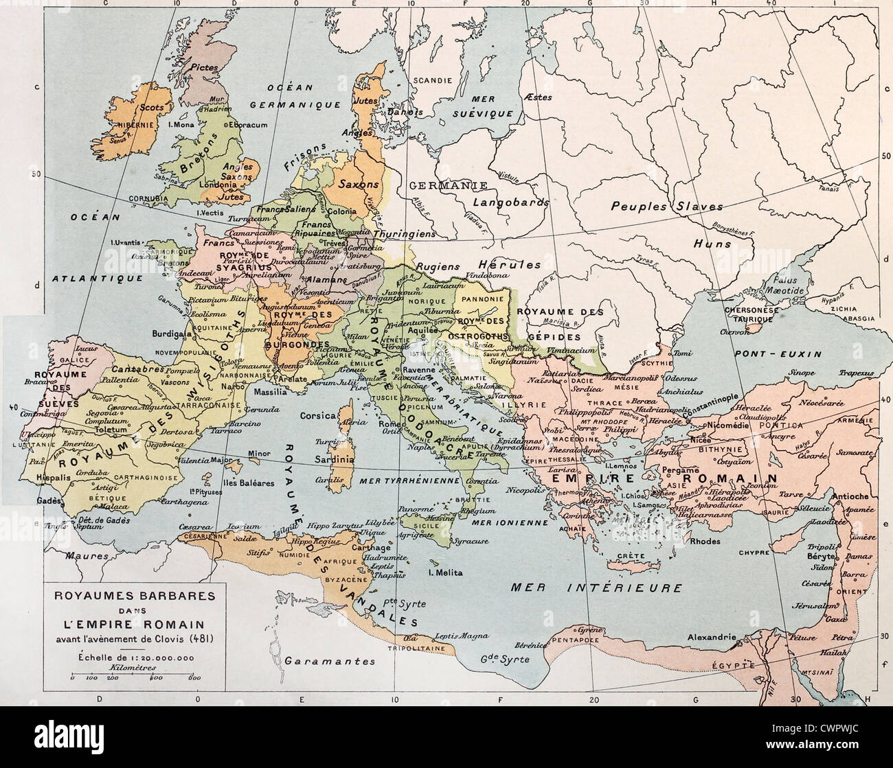 Alte Karte der barbarischen Königreiche vor Clovis I Stockfoto