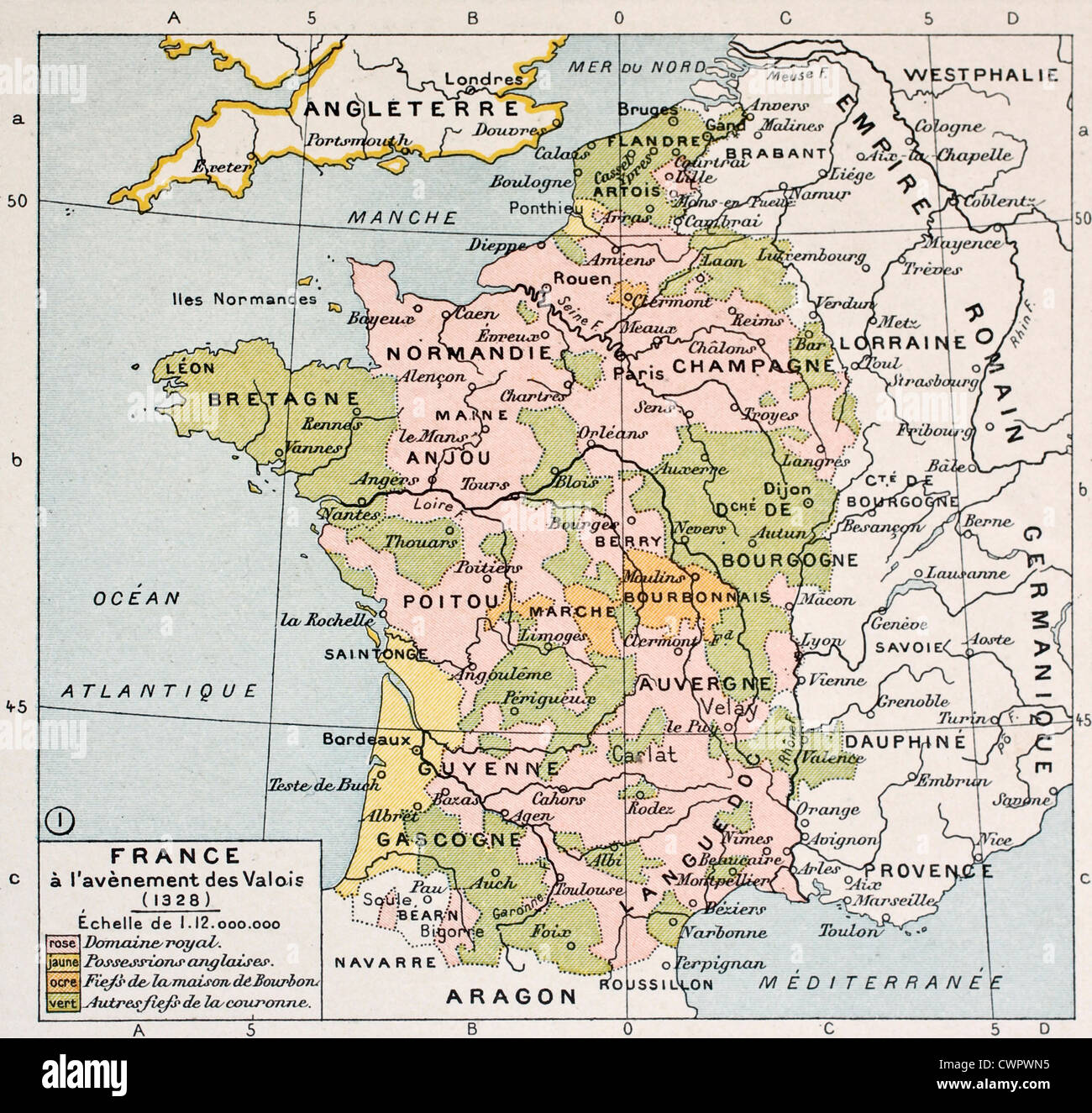 Politische Karte von Frankreich im Jahre 1328 Stockfoto