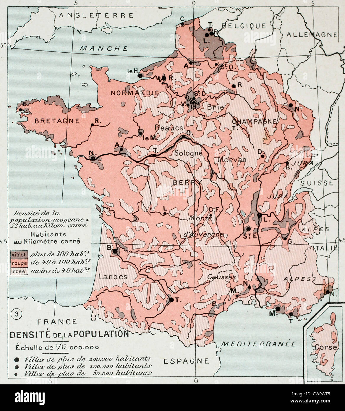 Frankreich Bevölkerung Dichte alte Karte Stockfoto