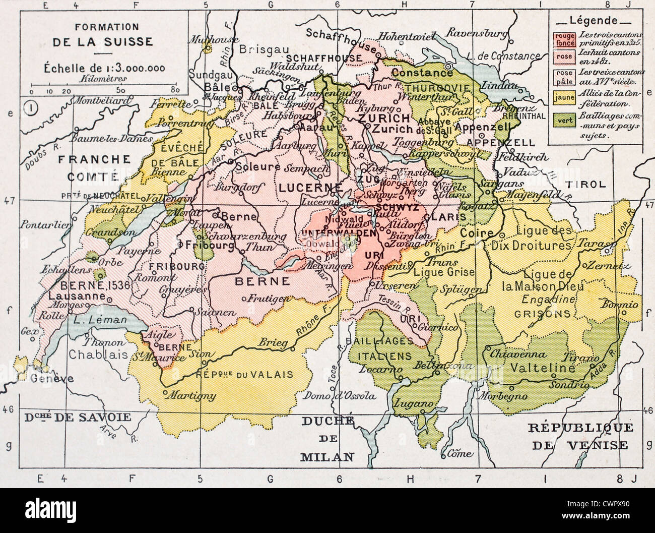 Alte Karte der Schweiz historische Entwicklung Stockfoto