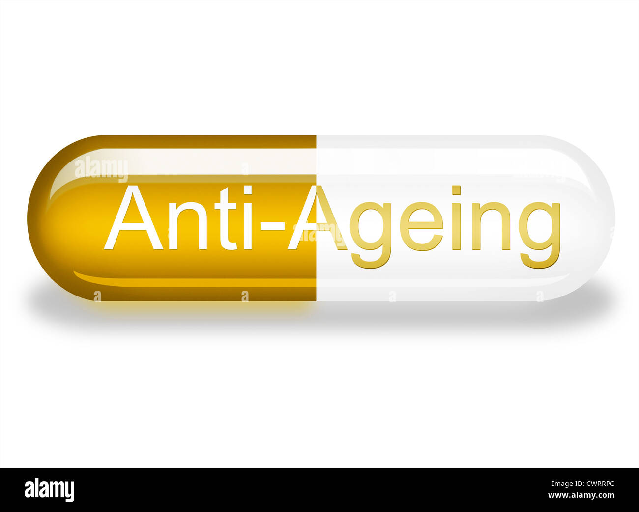 Beispiel für eine Anti-Aging-Kapsel auf weißem Hintergrund mit Schlagschatten.  Konzept-Bild Stockfoto