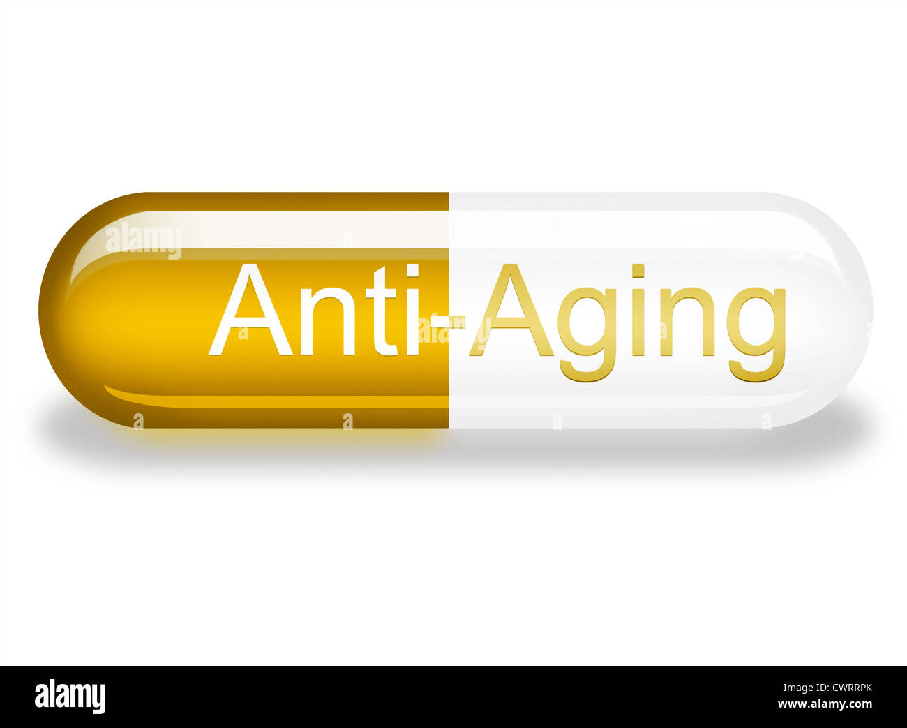 Beispiel für eine Anti-Aging-Kapsel auf weißem Hintergrund mit Schlagschatten.  Konzept-Bild Stockfoto