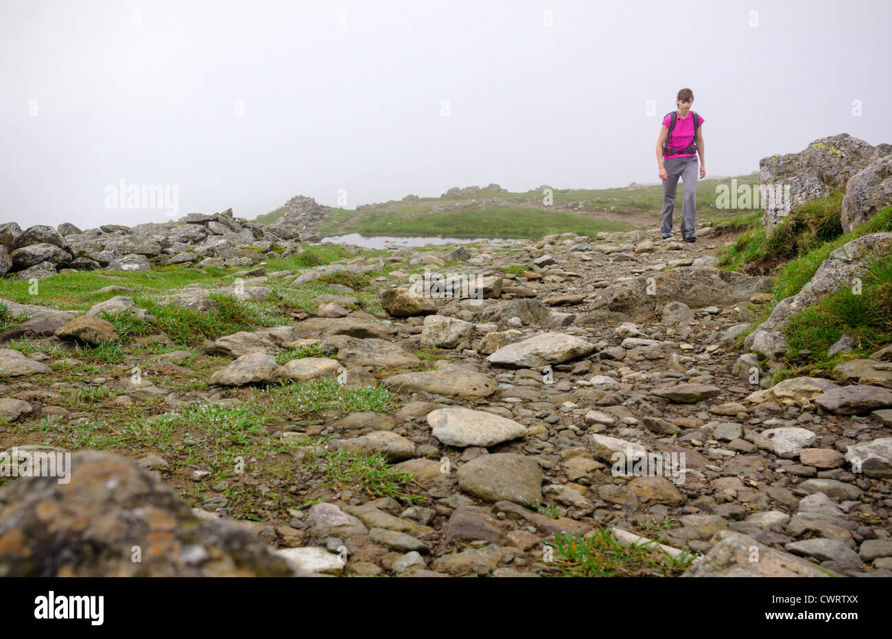 Ein Wanderer nähert Scandale Head an einem feuchten, nebligen Tag im Lake District, Cumbria. Stockfoto