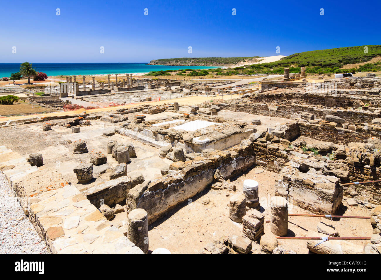 Forum im Baelo Claudia Roman Ruinen in Bolonia Strand, Tarifa, Cádiz, Andalusien, Spanien Stockfoto