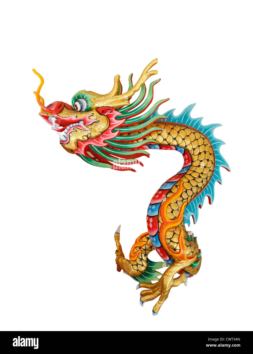 Bunte Drachenstatue im einheimischen chinesischen Stil isoliert auf weißem Hintergrund Stockfoto