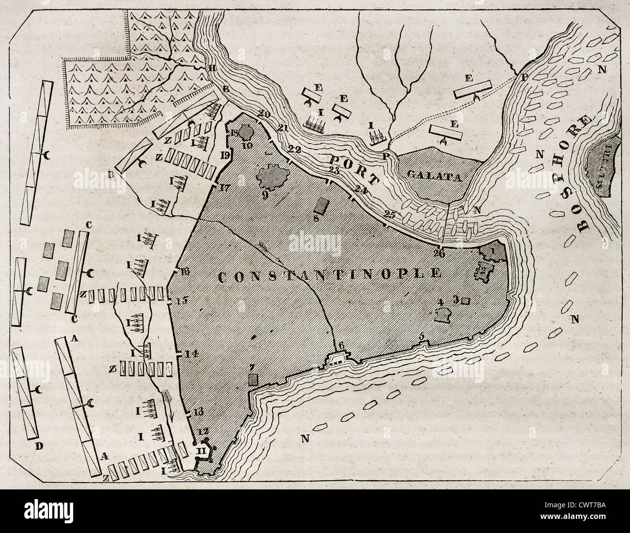 Alter Plan von Konstantinopel Stockfoto