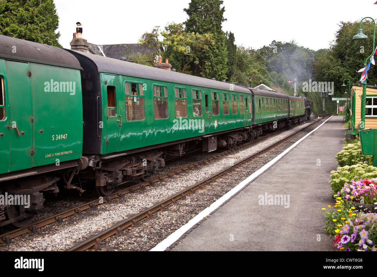 Medstead und vier Markierungen entfernt. Brunnenkresse-Linie, Hampshire, England, Vereinigtes Königreich. Stockfoto