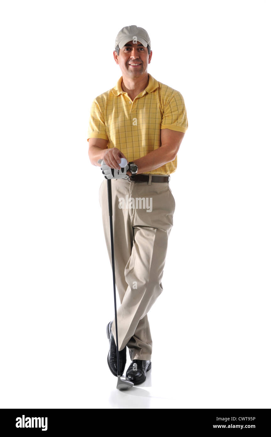 Porträt der ältere Golfer stehen isoliert auf weißem Hintergrund Stockfoto
