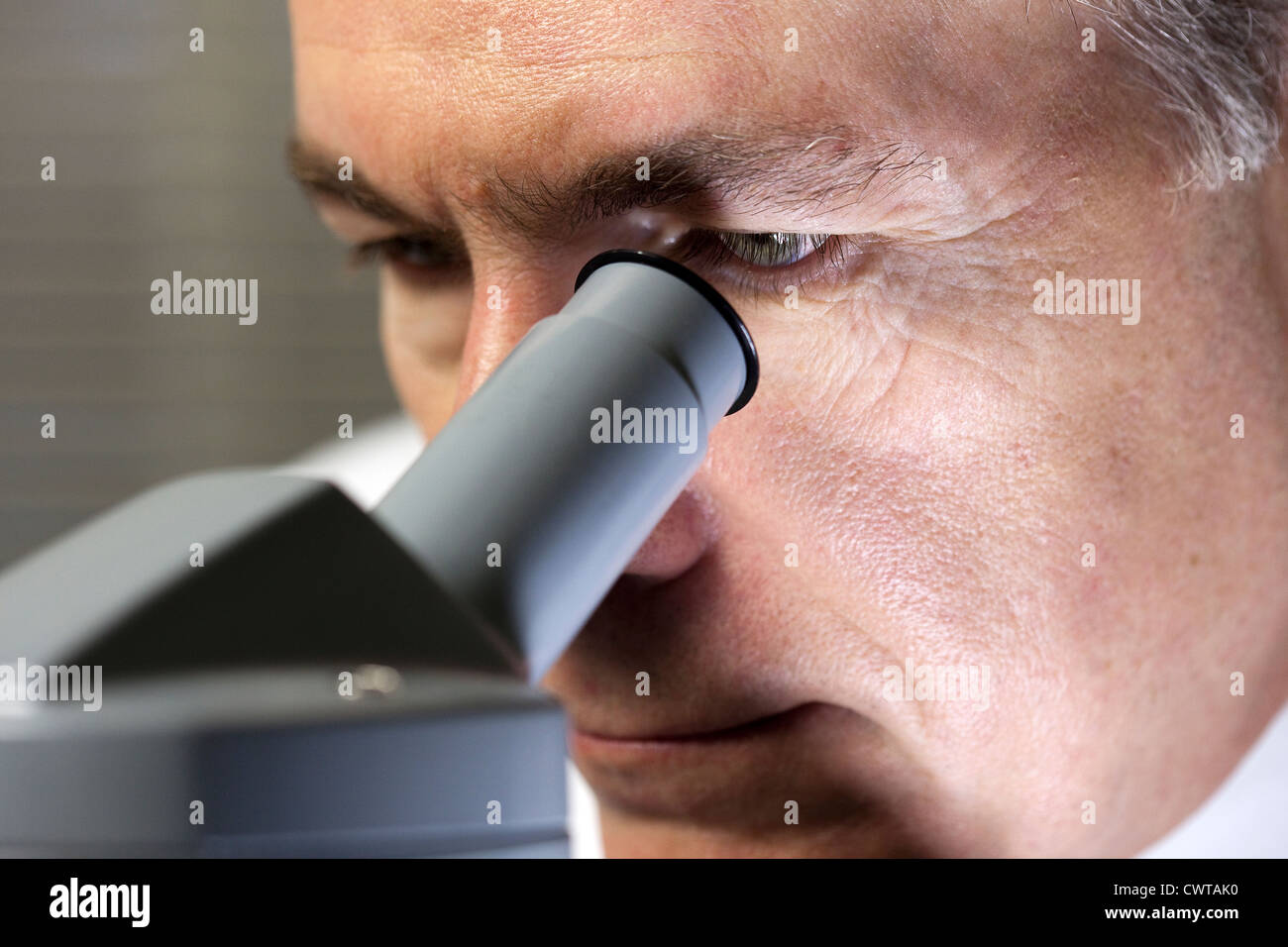 Eine Nahaufnahme von einem Arzt oder Wissenschaftler, wie er etwas unter dem Mikroskop untersucht. Stockfoto