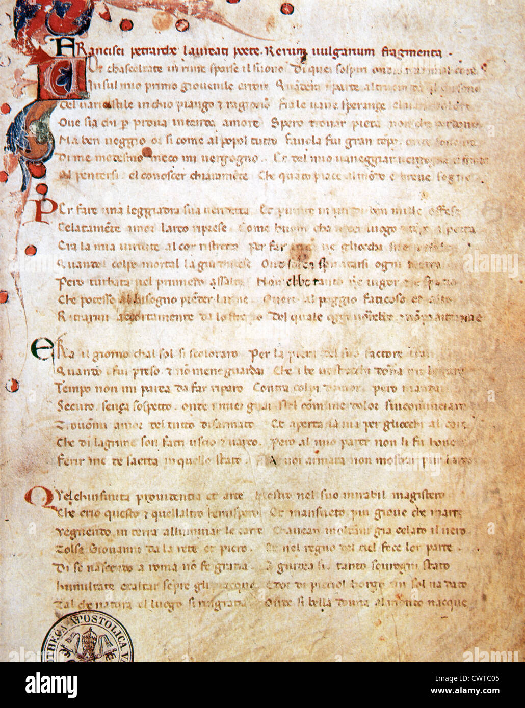 Petrarca (1304-1374). Liederbuch (Il Canzoniere), auch bekannt als die verstreuten Reime. Gedicht. Folio 1r. Vatikanische Bibliothek. Stockfoto