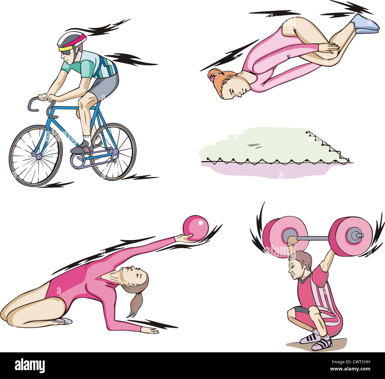 Sport: Radfahren, Rhythmische Sportgymnastik, Trampolin und Gewichtheben. Satz von Farbe-Vektor-Illustrationen. Stockfoto