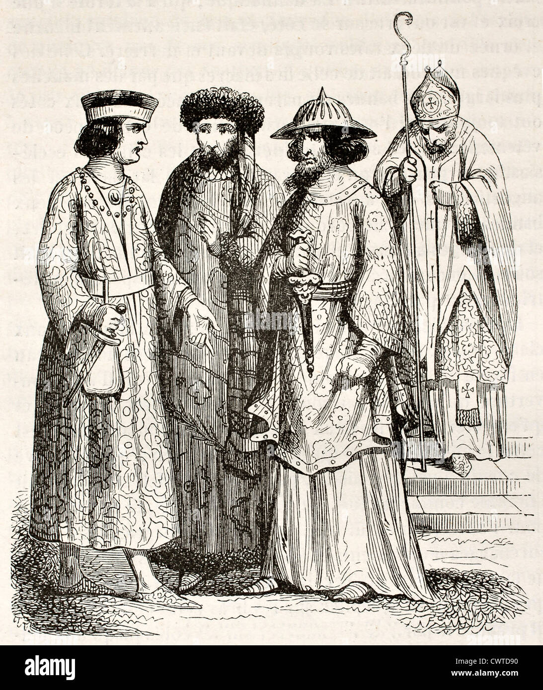 12. Jahrhundert Kostüme des Adels und Bischof Stockfoto