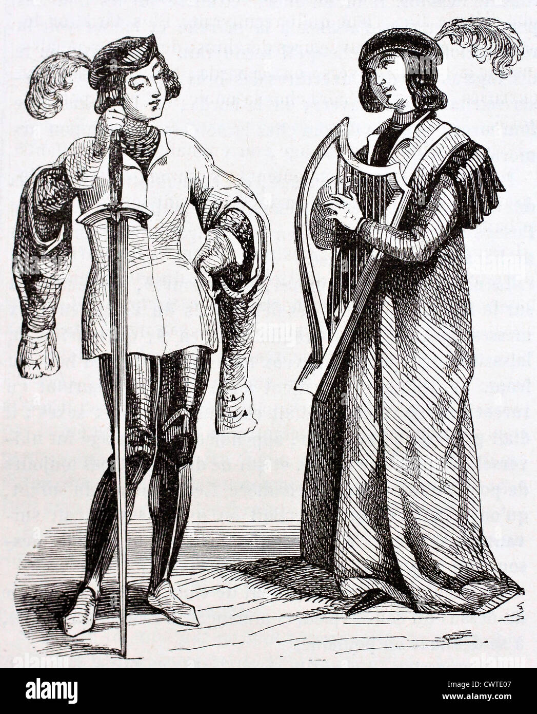 Troubadour und Seite alte illustration Stockfoto