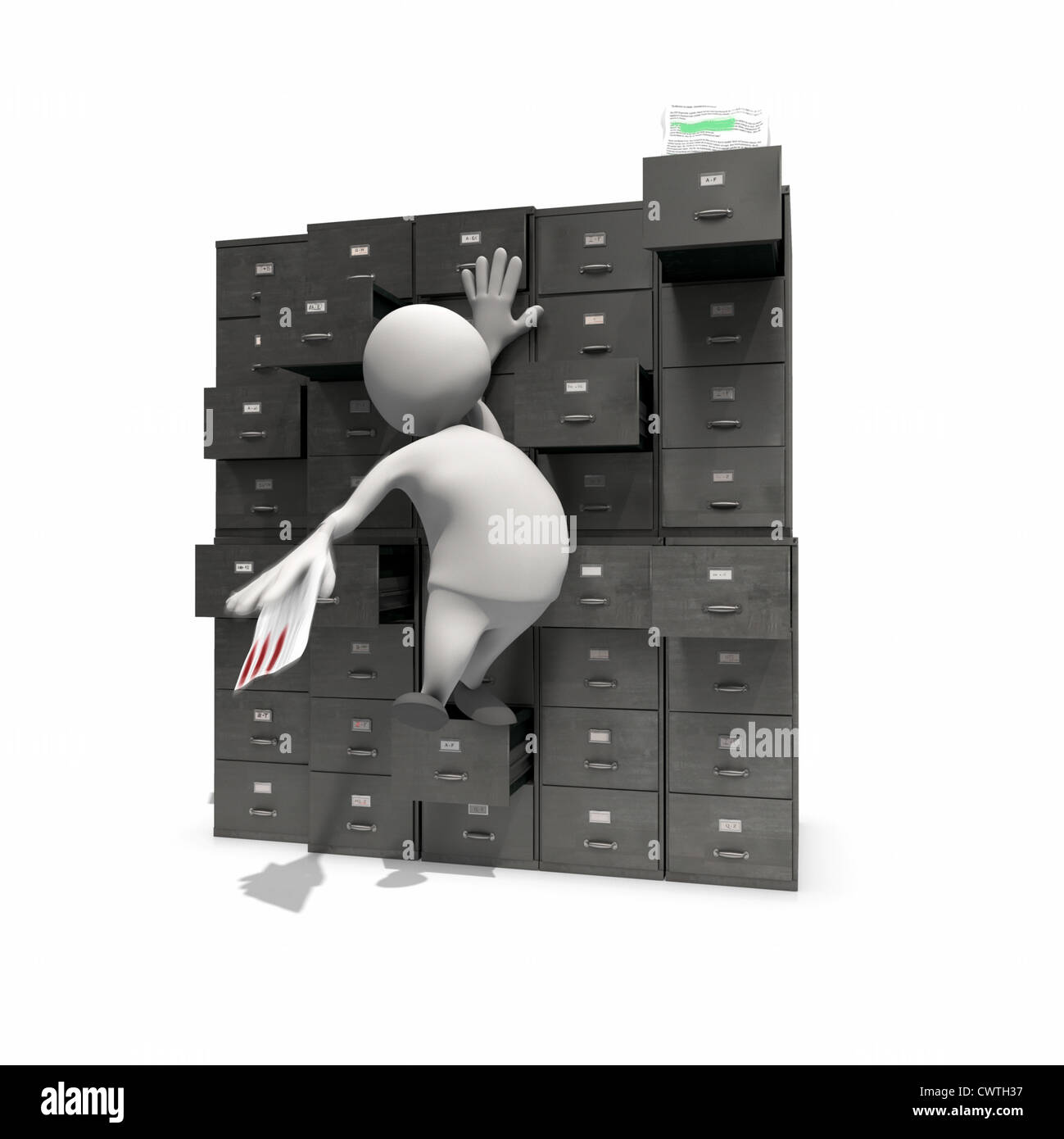 Anthropomorphe Figur für entfernte Schublade im Schrank, CGI zu erreichen Stockfoto