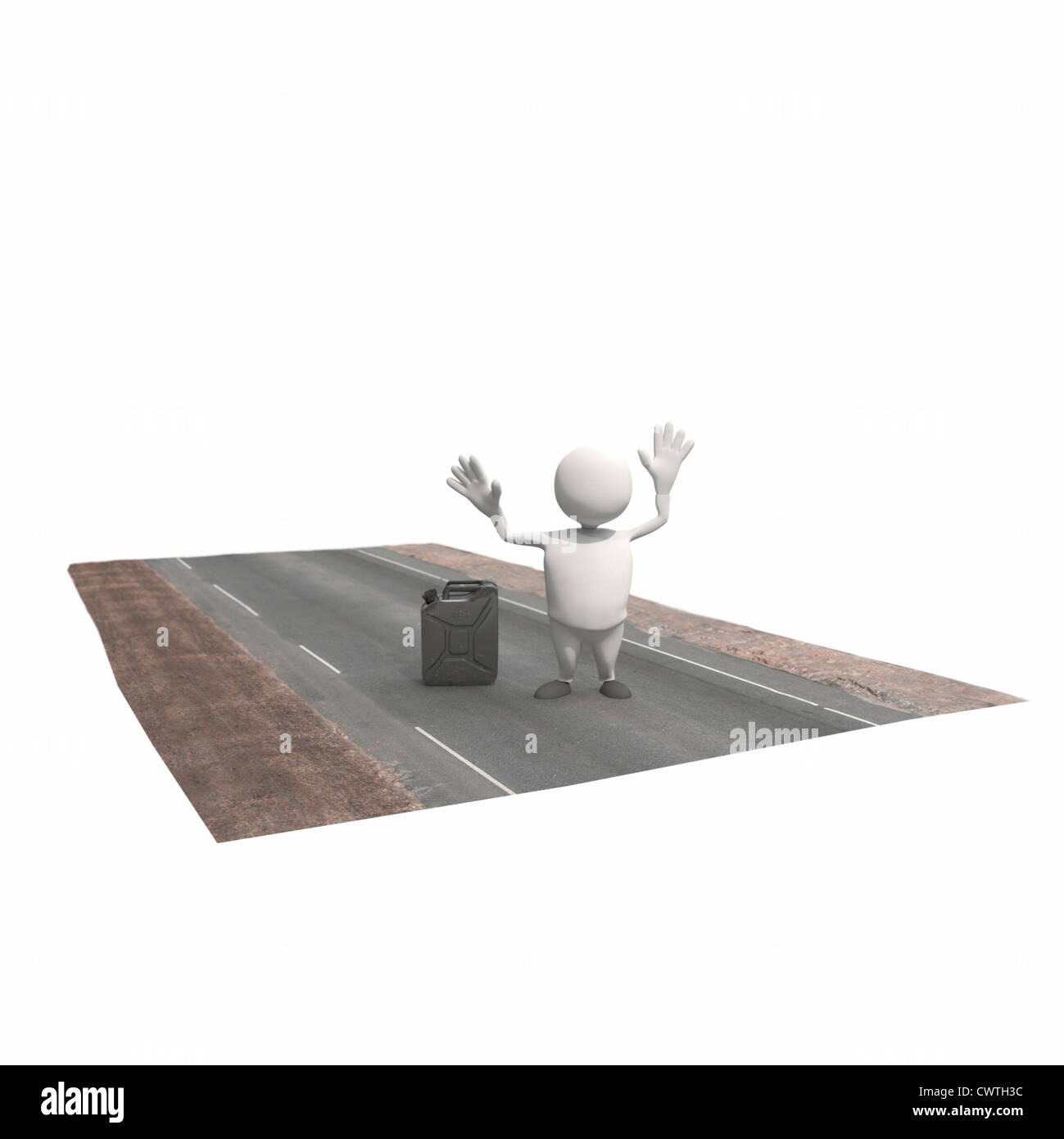 Anthropomorphe Figur stehend auf Landstraße mit Kraftstoff kann, CGI Stockfoto