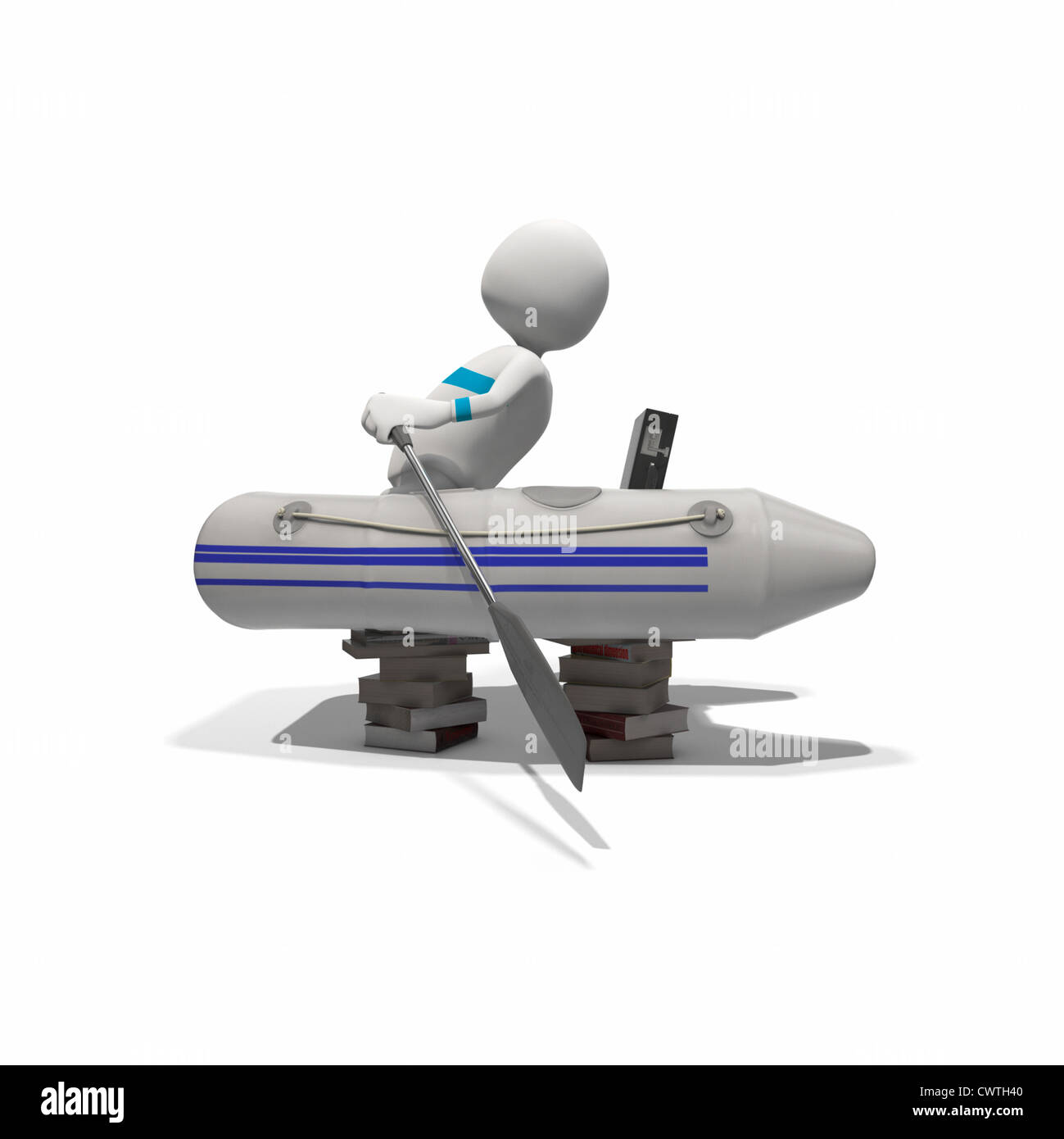 Anthropomorphe Figur Paddeln im Schlauchboot auf Bücherstapel, CGI Stockfoto