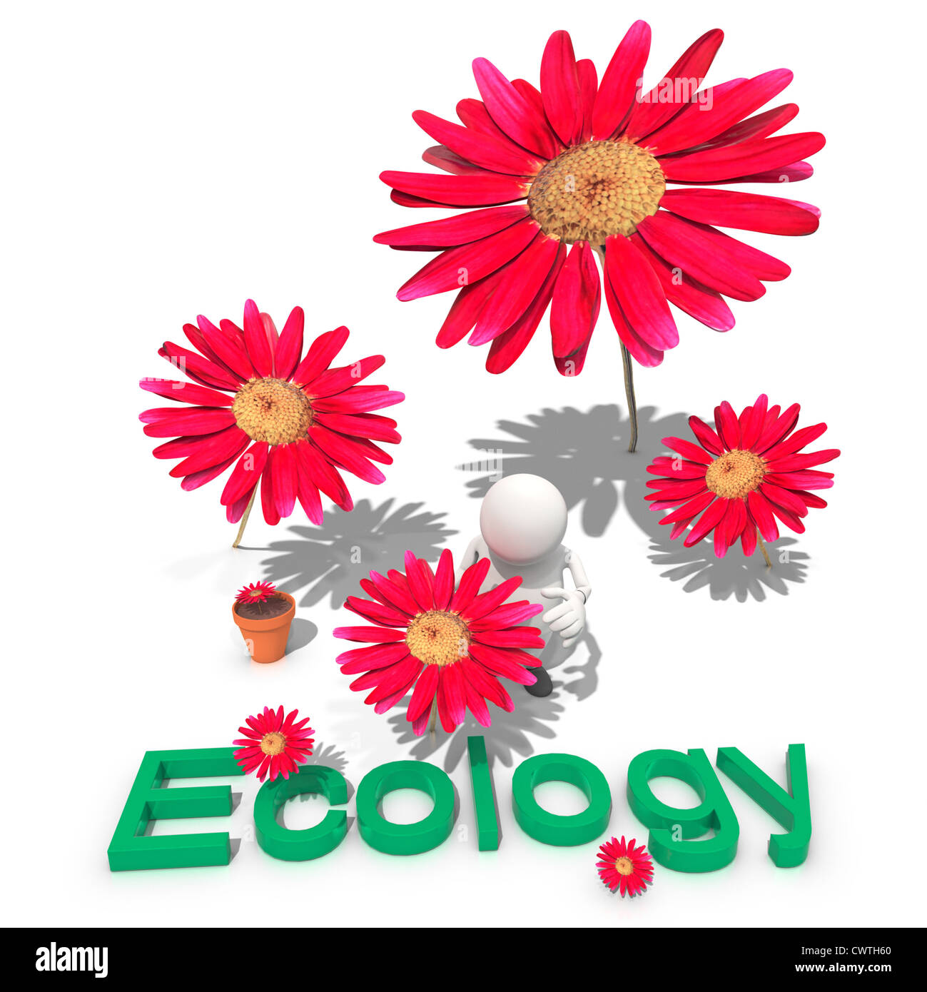 Rote Blumen wachsen um anthropomorphe Figur, CGI Stockfoto