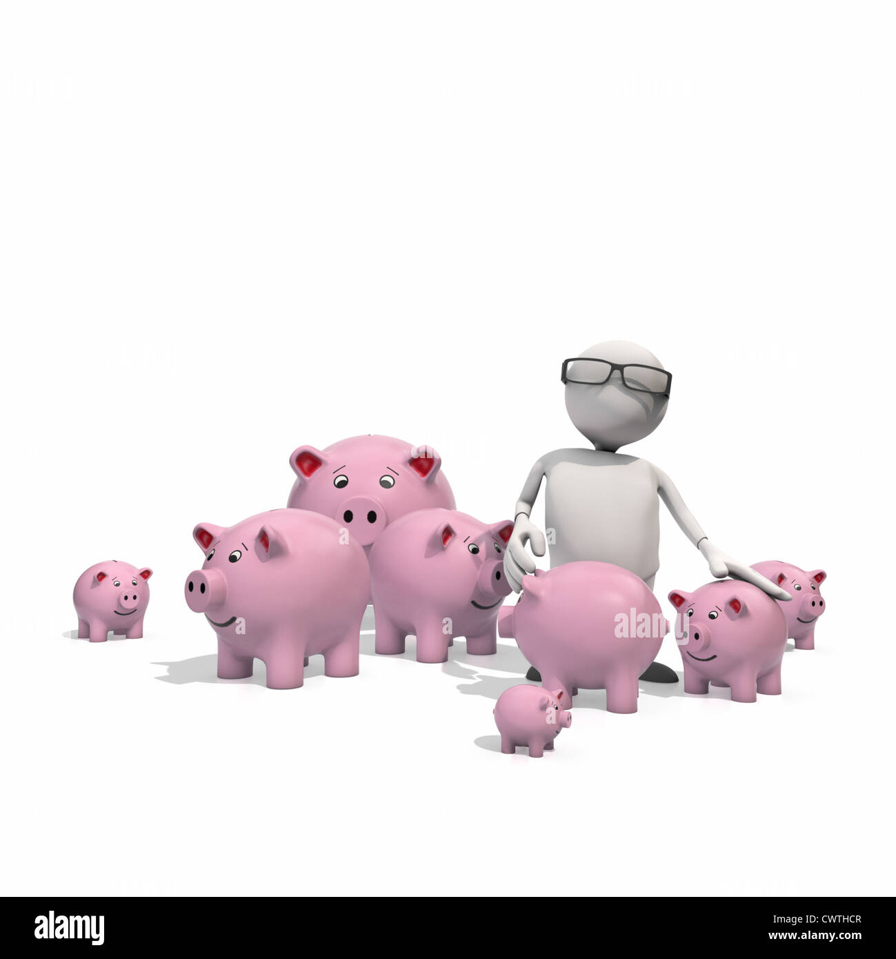 Anthropomorphe Figur umgeben von Sparschweine, CGI Stockfoto