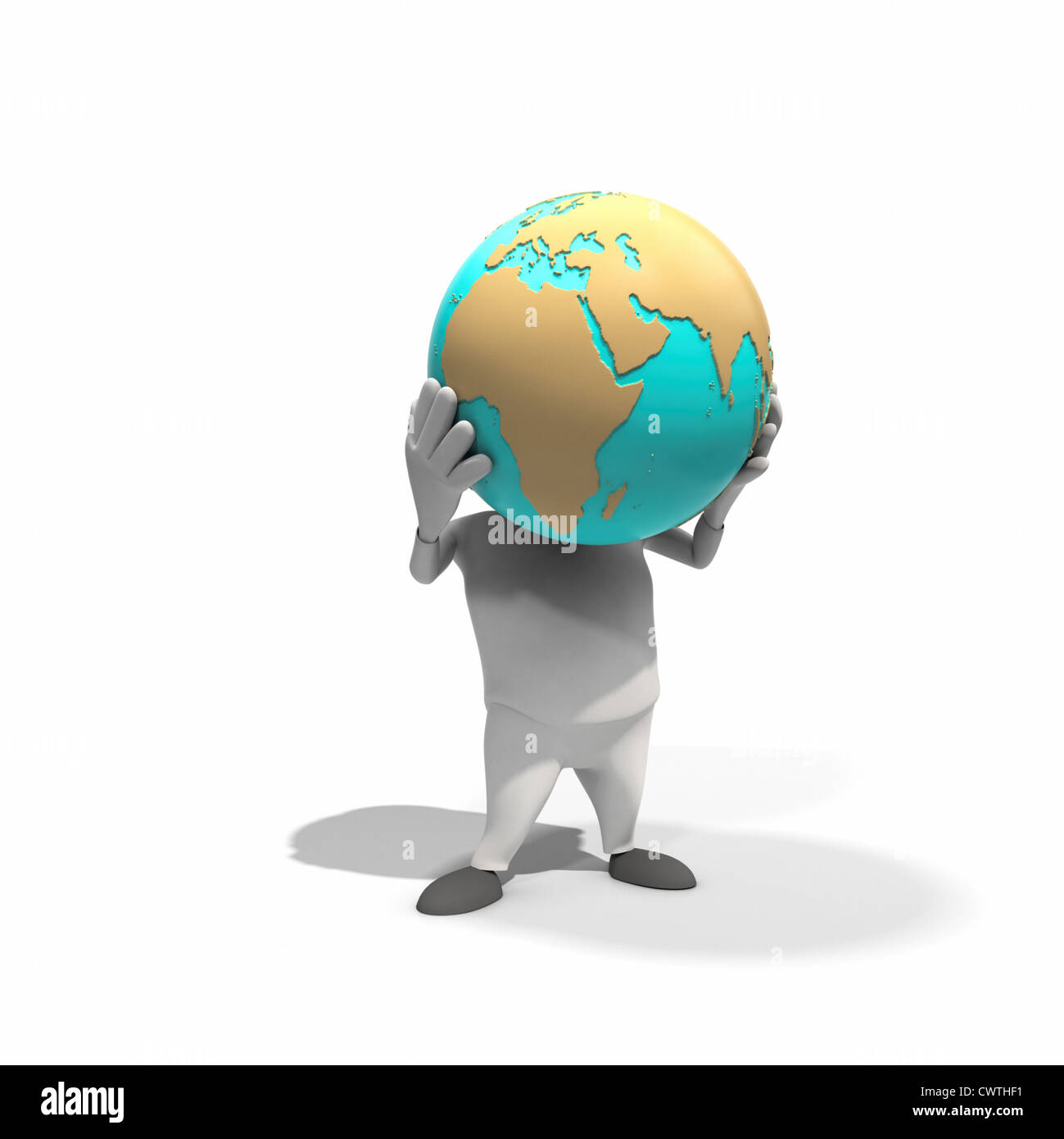 Anthropomorphe Figur heben Globus, CGI Stockfoto