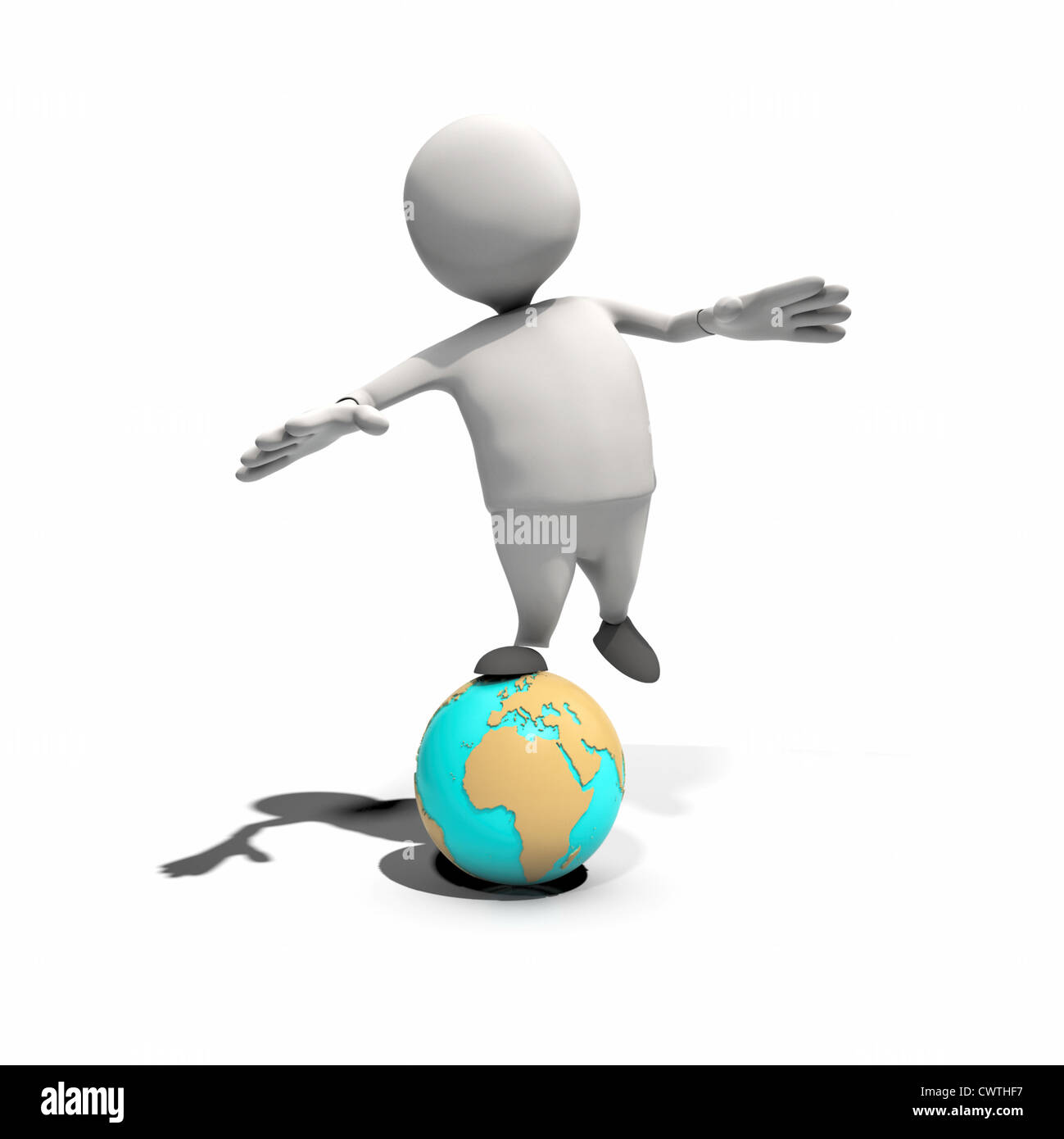 Anthropomorphe Figur balancieren auf Globus, CGI Stockfoto