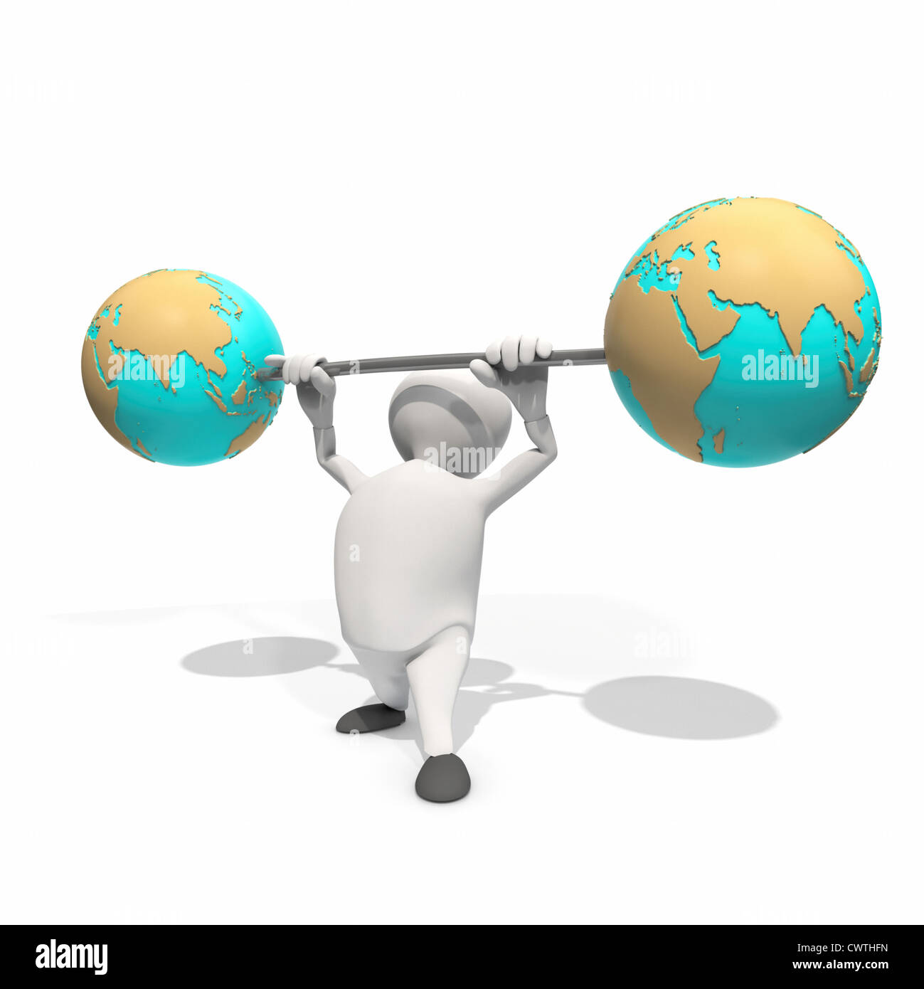 Anthropomorphe Figur heben Gewicht mit zwei Globen, CGI Stockfoto