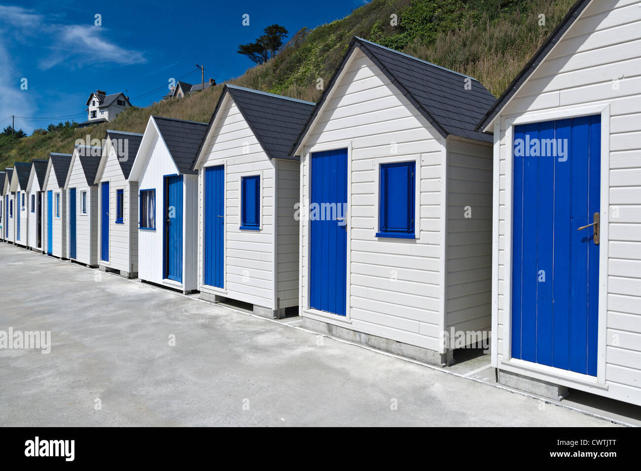 Bekannt Strandhütten in Trouville, Normandie, Frankreich Stockfoto