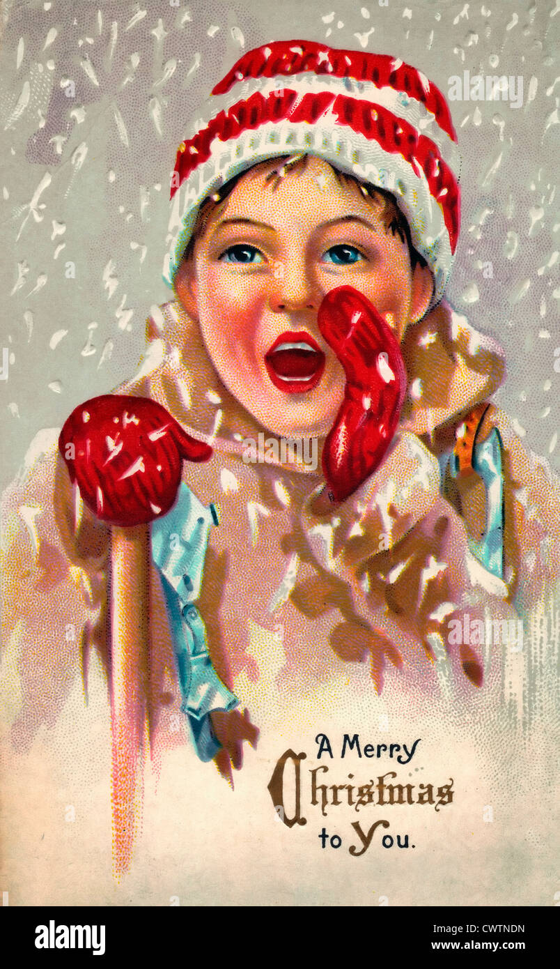 Ein frohes Weihnachtsfest für Sie - ein kleines Mädchen schreien Frohe Weihnachten mit Schnee fällt Stockfoto