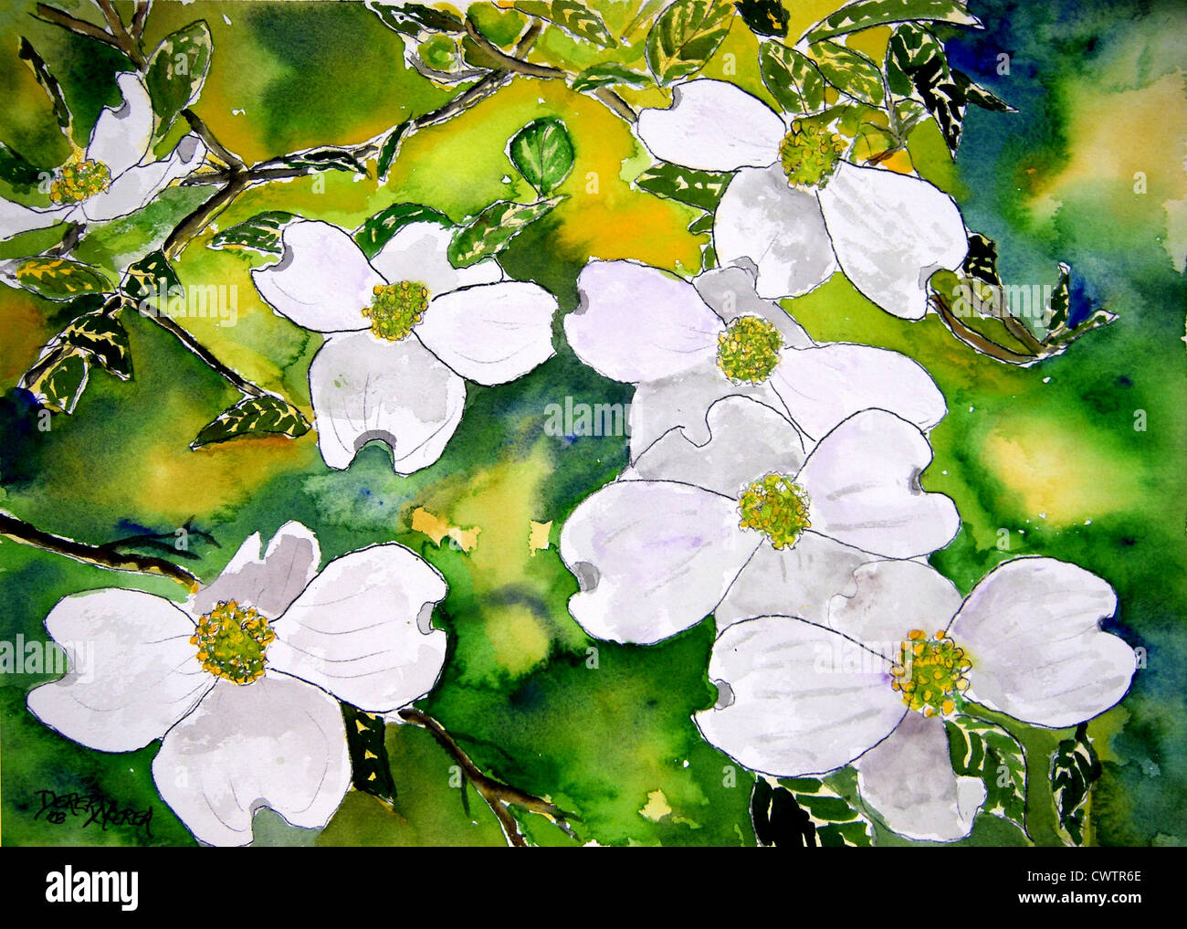 Hartriegel Baum Blumen weiße Blume mit grünen Blättern und gelben Hintergrund abstrakte moderne Kunst Stockfoto