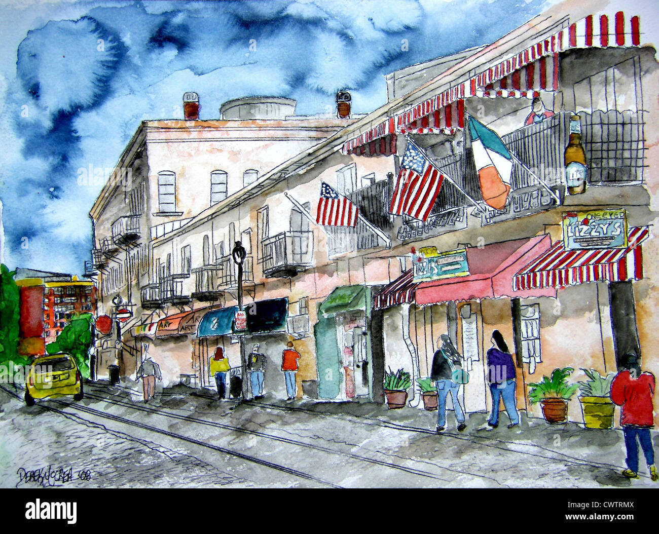 Savannah Georgia GA USA United States Flag patriotische Kunst Aquarellmalerei Stift und Tusche-Zeichnung historische Abbildung Stockfoto