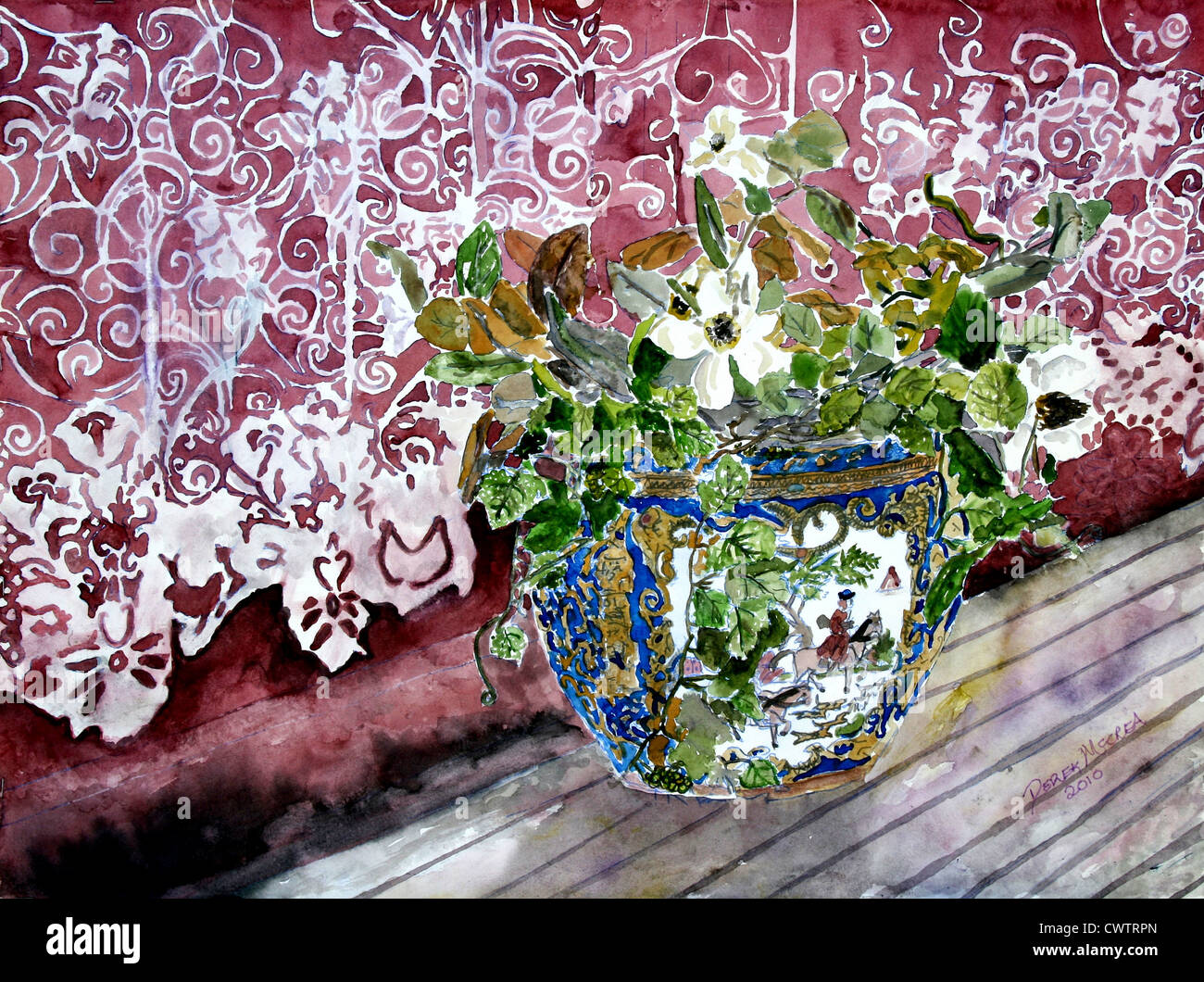 Stillleben mit Spitze und Vase Aquarell Stockfoto