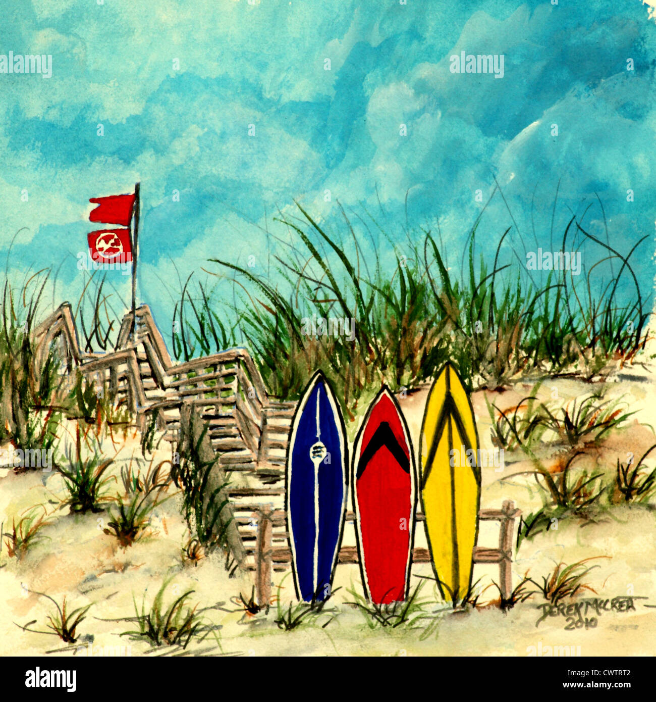 Quadrat Acryl-Malerei von Surfbrett am Strand Surf Surfen Kunst Stockfoto