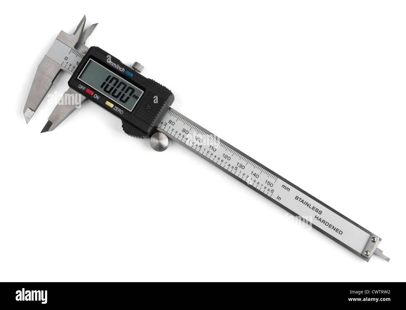 Elektronische digitale Vernier-Bremssattel isoliert auf weiss Stockfoto