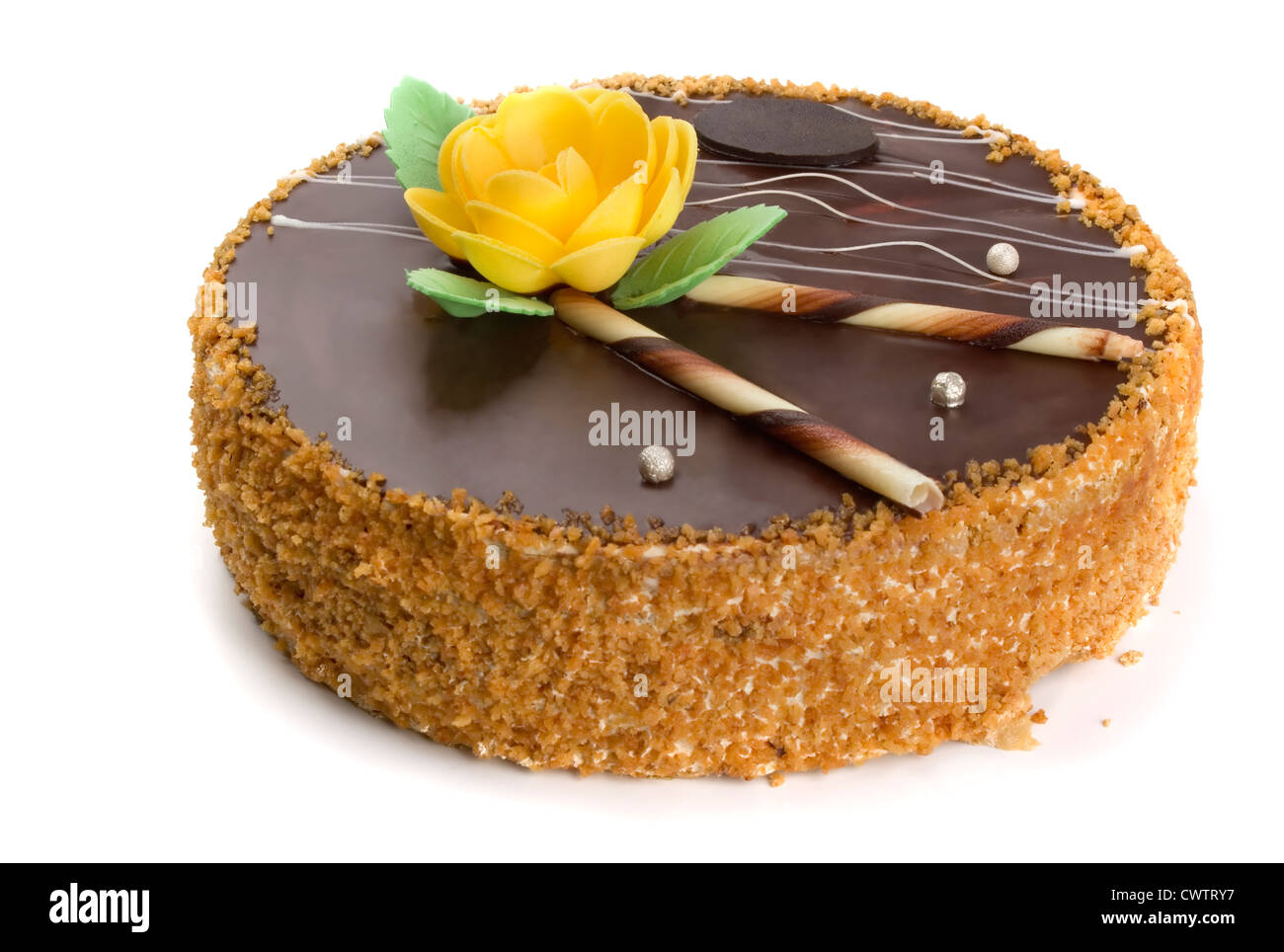 Schokoladenkuchen mit Blume isoliert auf weiss verziert Stockfoto