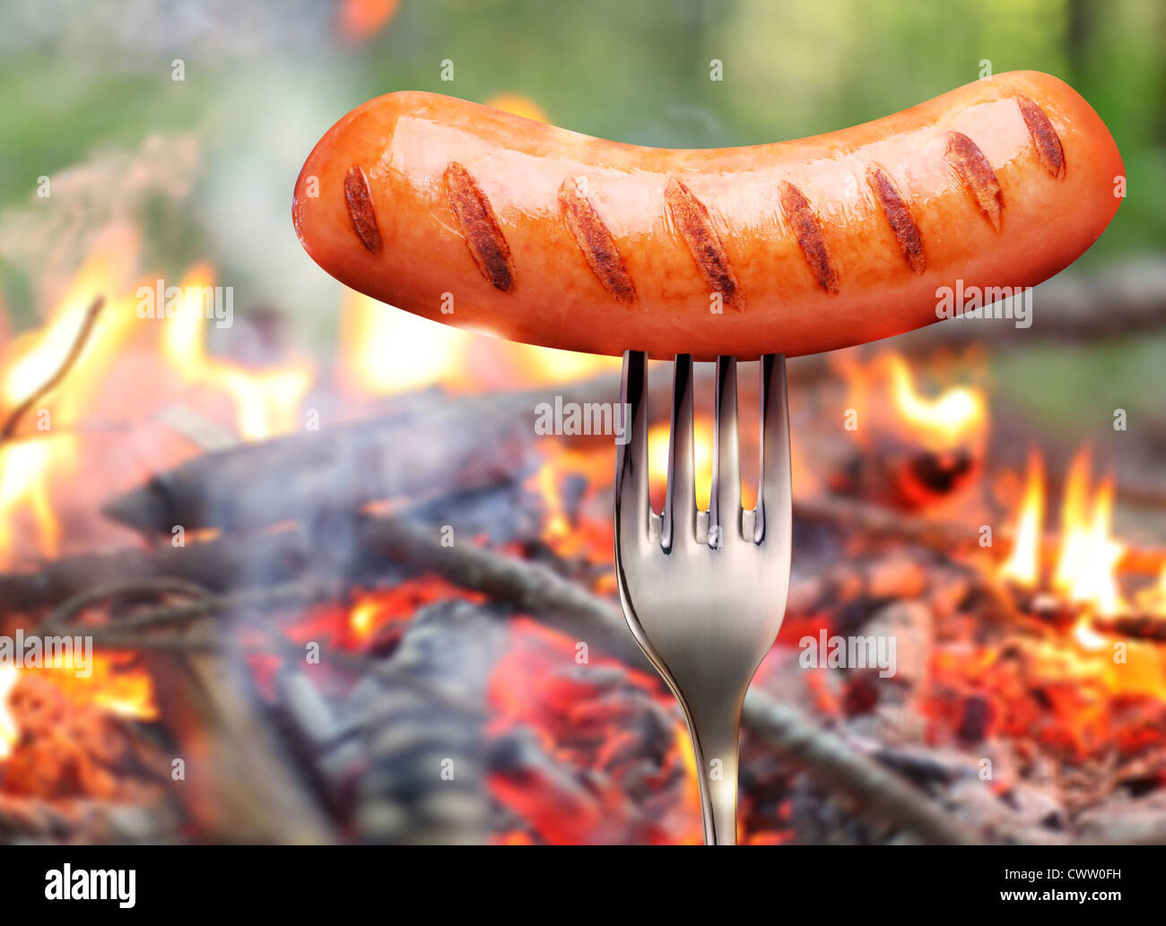 Wurst auf einer Gabel. Im Hintergrund ein Lagerfeuer im Wald. Stockfoto