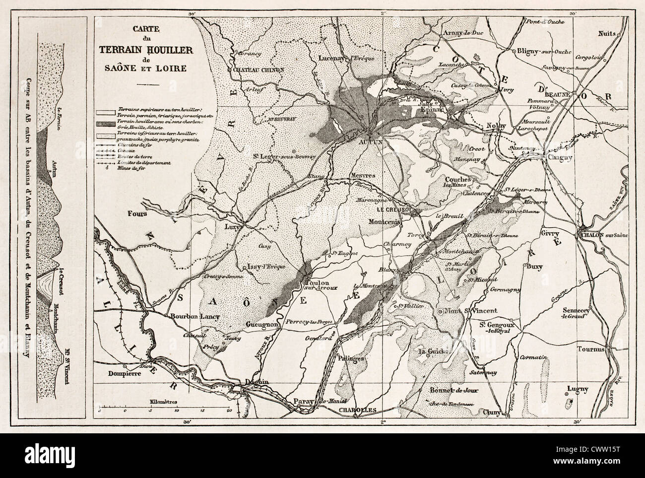 Kohlefelder in alte Karte Saon-et-Loire Stockfoto