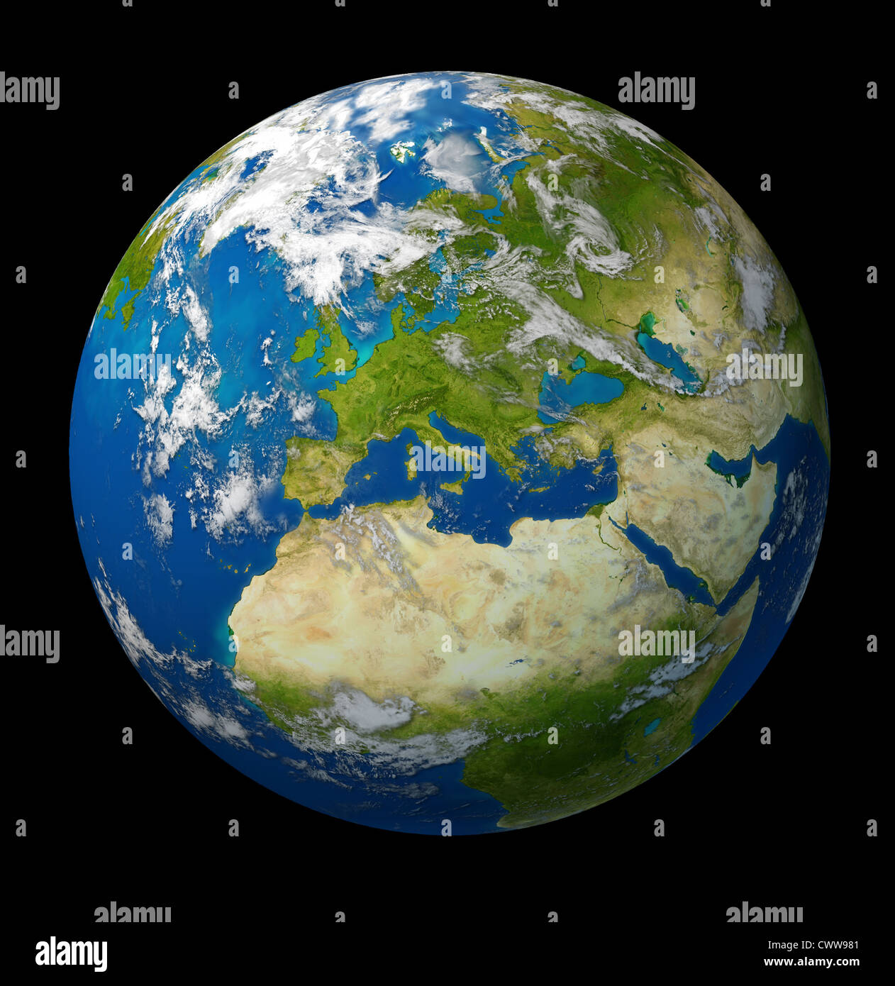 Planetenerde mit Europa und europäische Union Länder einschließlich Deutschland Italien Frankreich und England, umgeben vom blauen Meer und Wolken auf schwarzem Hintergrund. Stockfoto