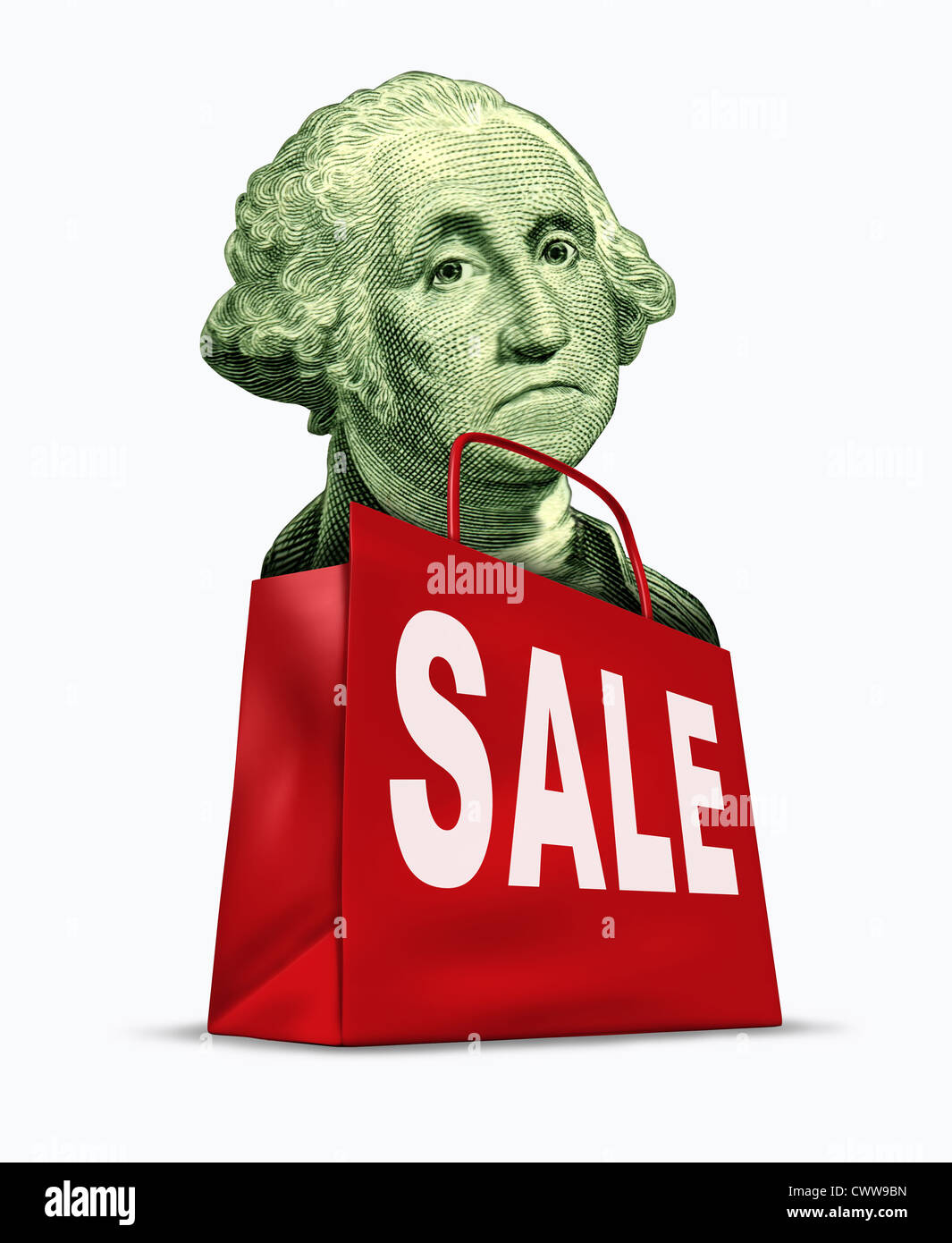 Währung auf Verkauf verursacht durch die Abwertung des Dollars in Bezug auf die weltweite Rezession und die US-Wirtschaft, vertreten durch einen Vintage-Charakter von George Washington in einer Einkaufstasche mit sehr günstigen Preisen. Stockfoto