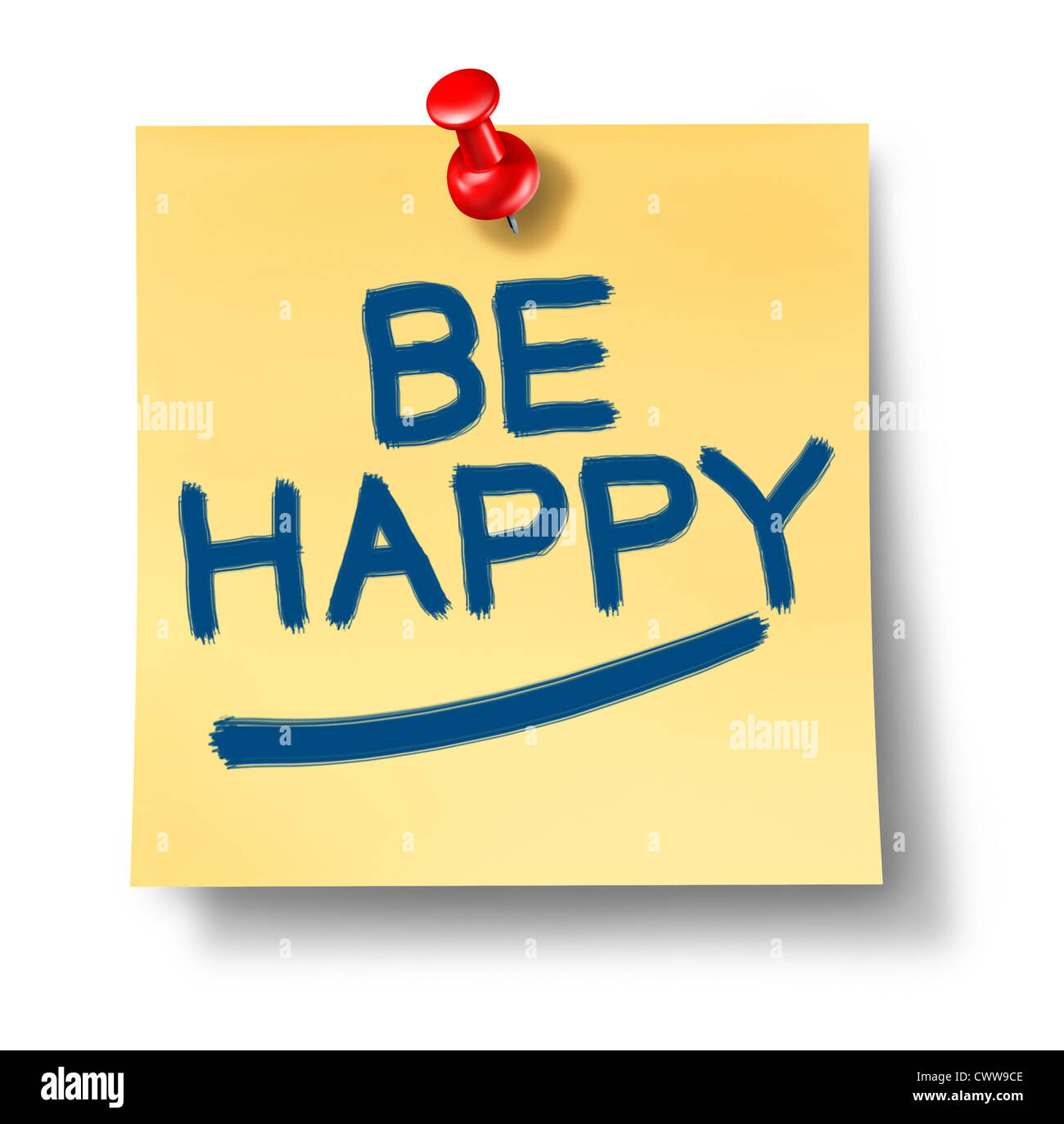 Happy gelb Büro Hinweis Erinnerung mit einer roten Daumen Wende stellvertretend für das positive Konzept von Glück und Freude im Leben und Geschäft und Kampf gegen Depression und Traurigkeit durch Blick auf die helle Seite der Dinge. Stockfoto