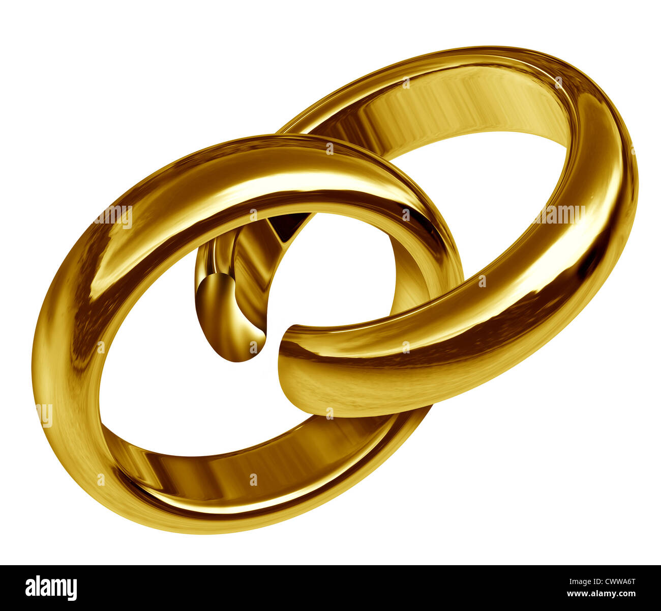 Scheidung und Trennung Symbol vertreten durch zwei verknüpfte Goldringe, die eine Pause in der Union das traurige Ergebnis einer zerbrochenen Beziehung und Pause während der Ehe oder Verlobung angezeigt hat. Stockfoto