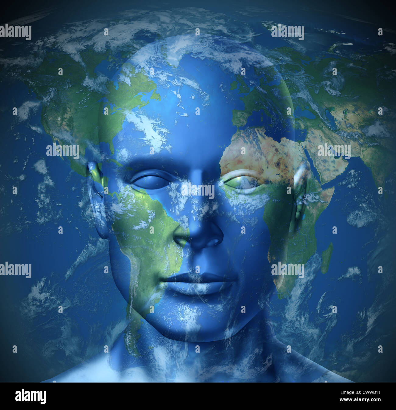 Global Tourist vertreten durch eine Weltkarte mit einem menschlichen Kopf zeigt das Konzept der Reisen und Ausflüge zu Sehenswürdigkeiten der Welt. Stockfoto