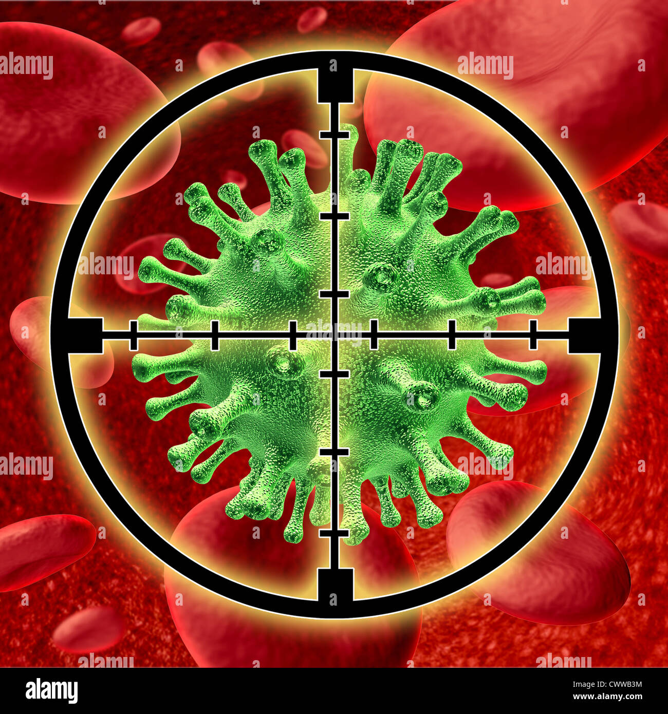 Töten einen Virus Symbol vertreten durch Blutzellen wird von einer Krankheit befallen und gezielt durch Fadenkreuz, den Patienten von der Krankheit zu heilen. Stockfoto