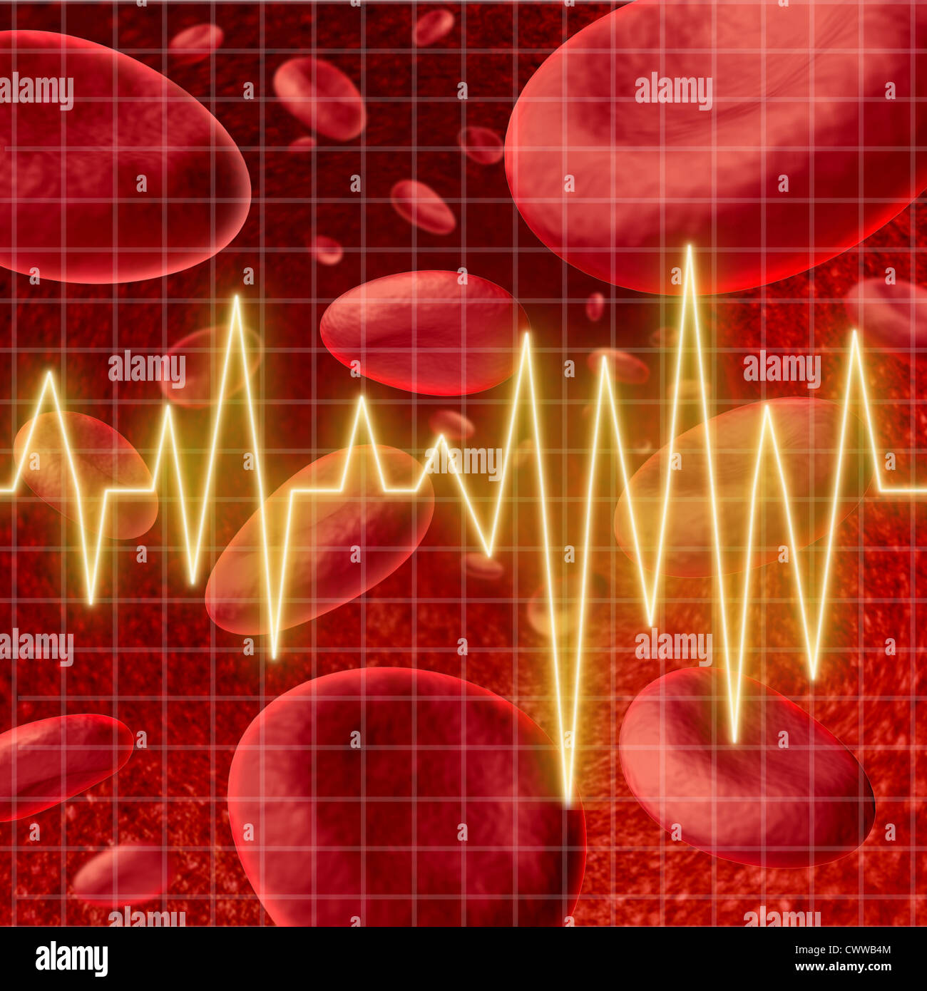 Blutzellen mit einem ekg Herz Monitor-Symbol in einem Diagramm Raster stellvertretend für das Konzept der gesunden menschlichen Arterie Zirkulation und koronare Gesundheitsversorgung in Bezug auf Schlaganfälle. Stockfoto